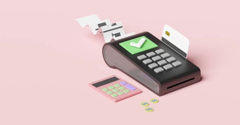 Pink background with cash register and calculator.
