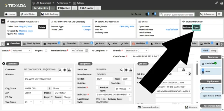 Step 3: Open your Ticket to swap its status to Validated and fill out any remaining details. Once you’re ready, click the “Open” button to create a Work Order!