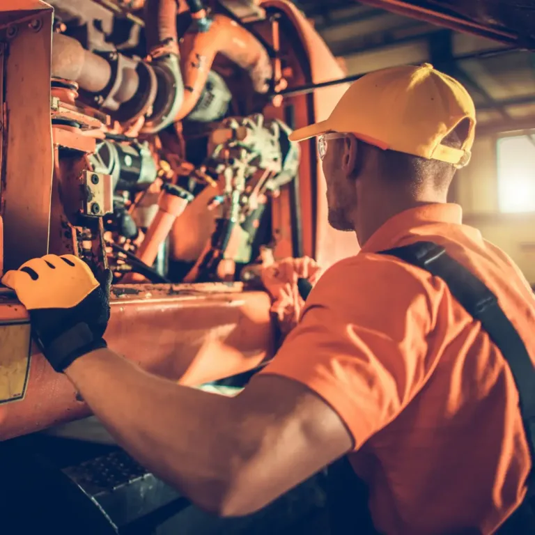 construction equipment fleet worker performs preventative maintenance
