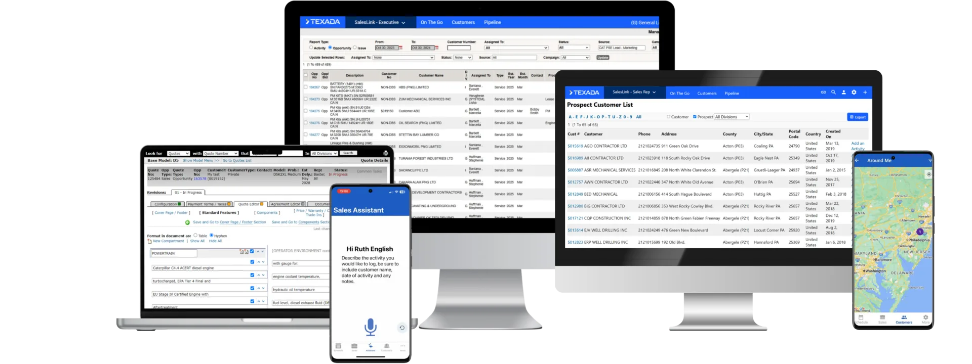 Collage of devices showing business dashboards: CRM forms on a laptop, a customer list on a desktop monitor, a 'Sales Assistant' screen on a mobile phone, and a map app on another phone.