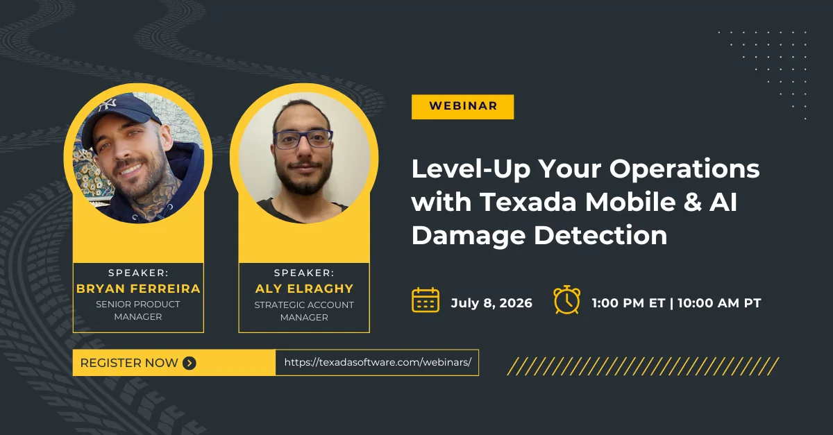 Promotional webinar banner with two speaker headshots (Bryan Ferreira and Aly Elraghy) and the title 'Level-Up Your Operations with Texada Mobile & AI Damage Detection' (July 8, 2026). Regional times shown and a 'Register Now' CTA with a URL placeholder.