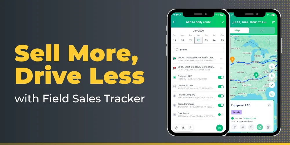 Texada Field Sales Tracker | Texada Software | Equipment Growth Platform Marketing banner for Field Sales Tracker showing two phones with app screens and the slogan 'Sell More, Drive Less'.