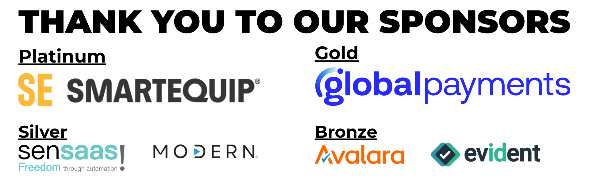 Collage of partner logos: SE in orange, SmartEquip in dark gray, Global Payments in blue, SaaS in teal with subtext, Modern in gray with a play button, Avalara in orange and blue, and Evident with a teal diamond checkmark.