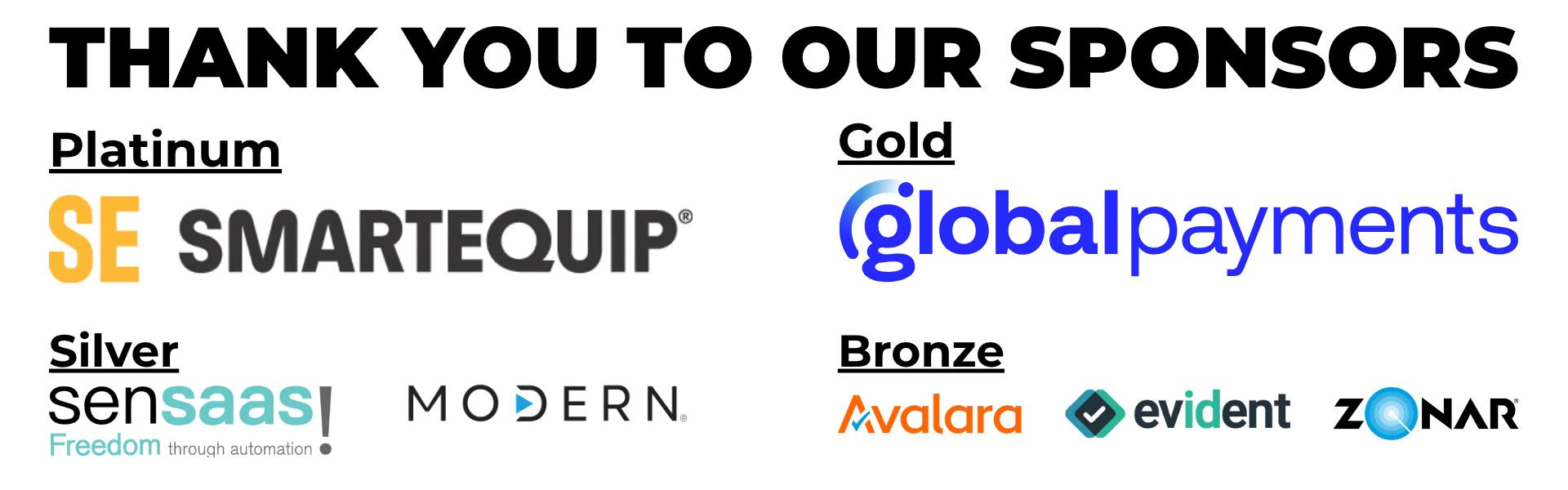 Partner logos collage featuring SE, SmartEquip, Global Payments, SAP, Modern, Avalara, Evident, and a blue circular icon.