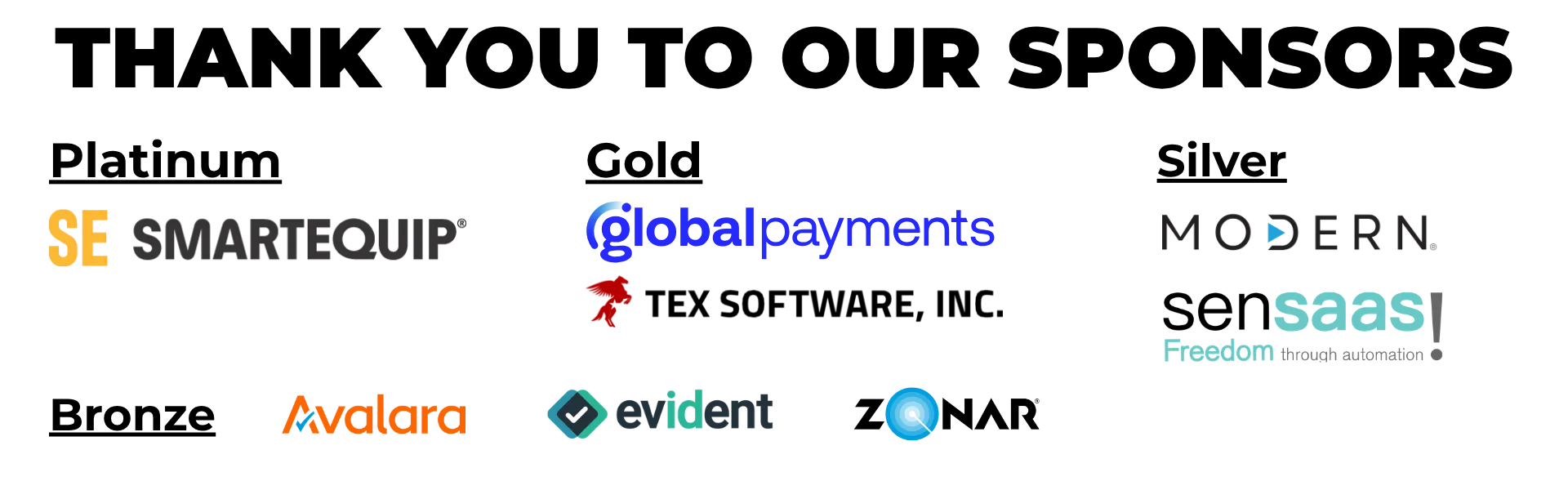collage of logos for SE SmartQuip, Global Payments, Modern SaaS, Avalara, Evident, and related tech brands on a black background