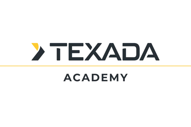 Texada Academy logo: dark gray wordmark with a small yellow chevron to the left and a thin yellow underline on a black background.