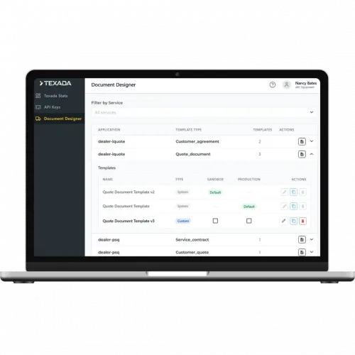 Laptop showing the Texada Document Designer dashboard with a left navigation pane and a list of templates in the main panel