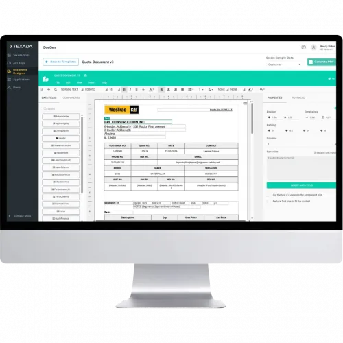 Monitor displaying a document designer app with a sample quote form titled WesTrac CAT and a form editor interface on screen.