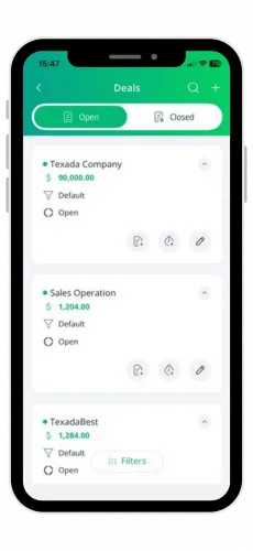 Mobile app screen titled 'Deals' with a green header and an Open/Closed toggle, showing stacked deal cards (Texada Company $90,000.00; Sales Operation $1,204.00; TexadaBest $1,284.00).
