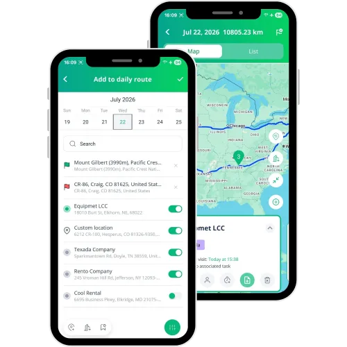 Two overlapping smartphones showing a route-planning app: calendar list on the left and a map with a blue route on the right.